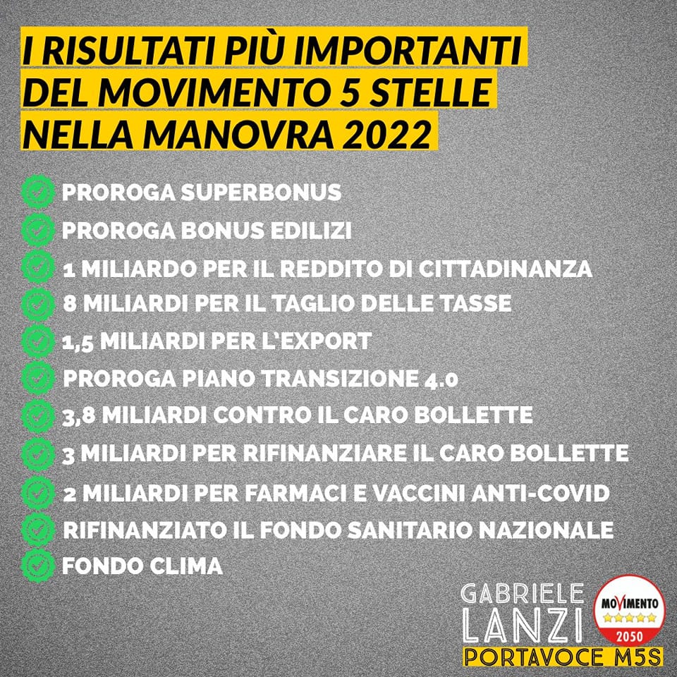 I risultati più importanti del M5S nella manovra 2022- Gabriele Lanzi